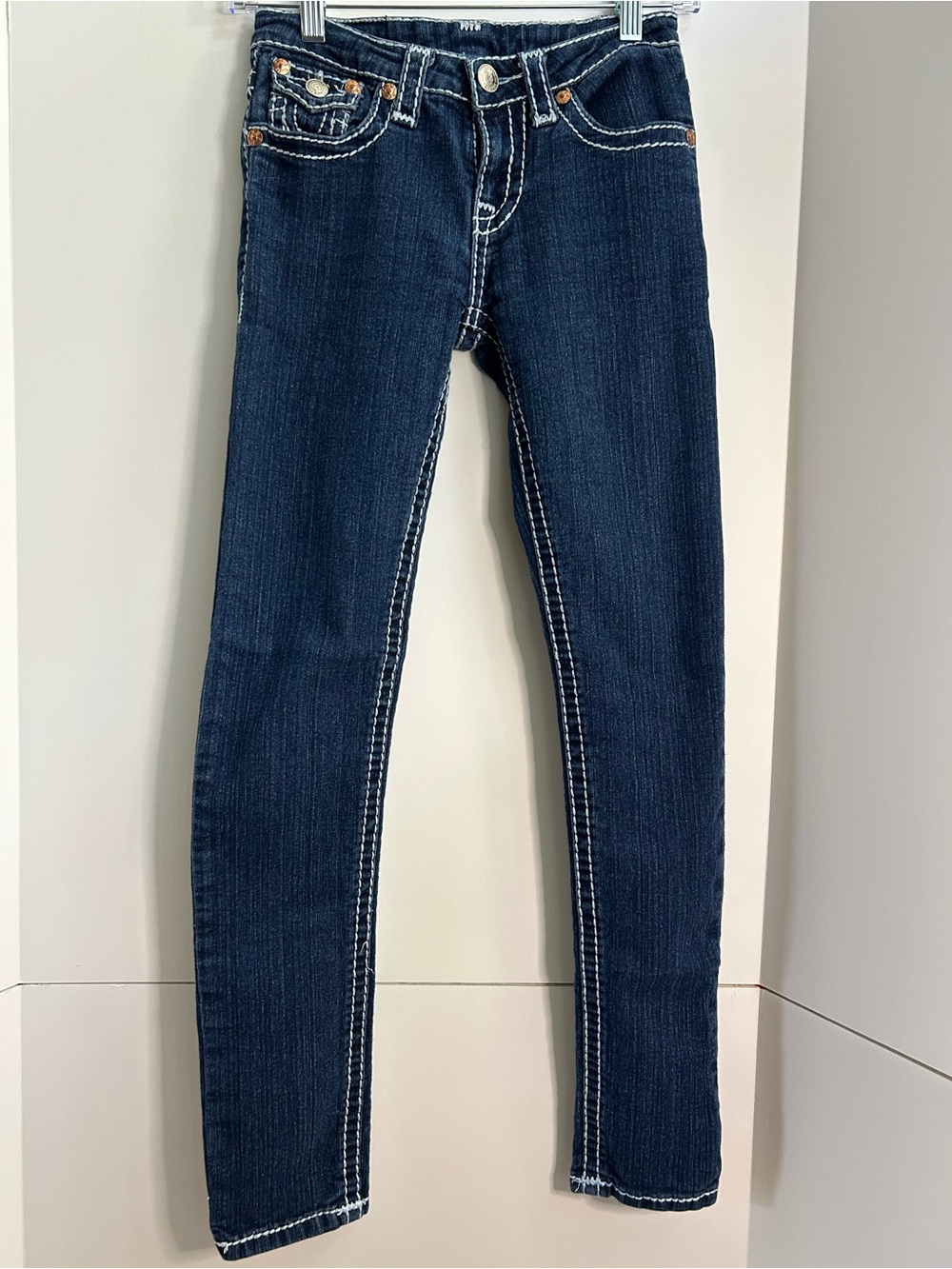 True Religion Joey Super T Dark Indigo Skinny Jeans Contrast Stitchin Sz 26